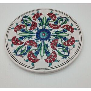 Trivet Turkish Handmade Ceramic Kitchen Hot Plate Blue Red Floral 7"